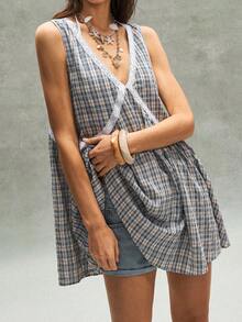 Bohemela 女士休闲格纹V领迷你连衣裙 - 藍白色 - 查看 2