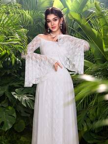 Modelyn French White Lace Off-Shoulder Long Sleeve Mesh Flared Dress - Pearl White - View 3