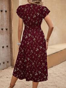 EMERY ROSE Đầm dài tay ngắn in hoa phong cách Bohemian cho nữ, cổ chữ V, thắt eo, màu đỏ tía, trang phục dài cho kỳ nghỉ hè - Màu Đỏ Sâu - Xem 2