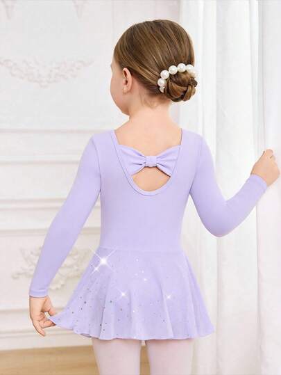 Young Girls' Fashion Outdoor Lavender Knit Mesh Sequin Leotard Ballet Dance Dress, Backless Bow Tie Fitted Stretch Soft Dance Unitard