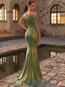 Glamrae Elegante y lujoso vestido de sirena con hombros descubiertos, fruncido y abertura, adornado con cuentas, apropiado para bodas, eventos, fiestas, vacaciones, galas y ocasiones formales - Verde - Ver 3