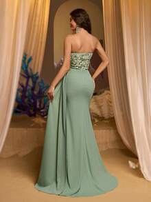 Glamrae Đầm cúp ngực sang trọng, thanh lịch màu xanh lá cây thêu sequin, chân váy đuôi cá co giãn dệt kim đính cườm thủ công với đường viền xếp nếp, thích hợp cho các bữa tiệc, dạ hội và các dịp trang trọng. - Cỏ xanh - Xem 4