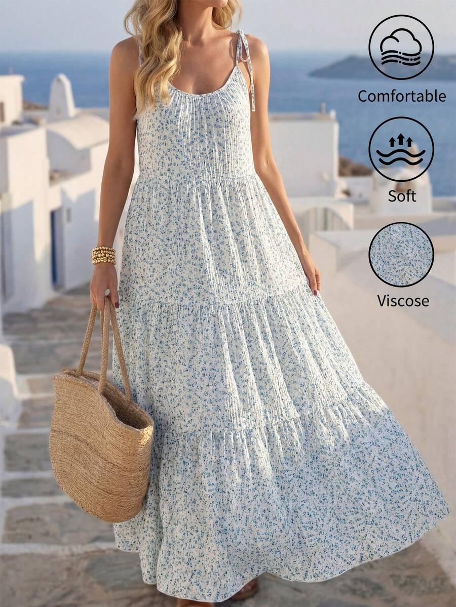 Breezaya Đầm Maxi In Hoa Buộc Vai Nhiều Lớp Viền Ren Maxi Trang Phục Đi Biển Cho Nữ