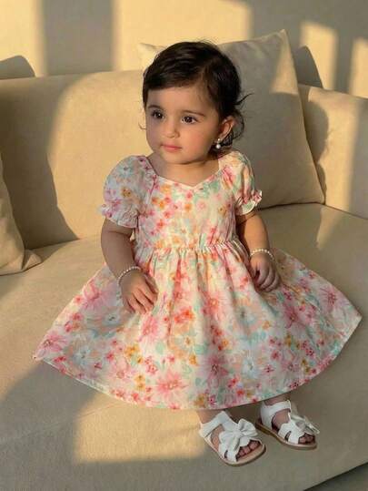 SHEIN LMoss Kids 女宝宝可爱樱桃印花宽松短袖休闲连衣裙，适合夏季度假