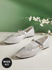 SHUZIA Giày búp bê Mary Jane dáng rộng thoải mái dành cho nữ, chất liệu giả da, mũi vuông, dệt kim. - Bạc kim loại - Xem 7