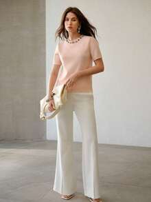 MOTF PREMIUM WOMEN'S RHINESTONE EMBELLISHED SHORT SLEEVE KNIT TOP - Pink - View 5