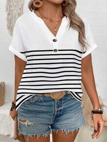 SHEIN Áo thun tay ngắn cổ chữ V kẻ sọc thời trang cỡ lớn cho nữ - trắng - Xem 4