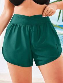 Swim Vcay Short Asymmetrical Size For Summer Bikini Solid Color - Green - View 3