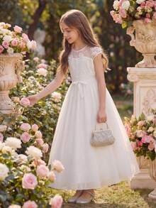 Pitira 少女白色纯色网纱刺绣透视拼接腰部连衣裙，白色公主裙，适合花童、婚礼季、情人节、派对、生日、春节等场合 - 白色 - 查看 6