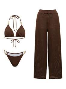 Swim Oasis Bộ đồ bơi 3 mảnh màu nâu đậm dành cho nữ, kiểu cổ yếm, cúp ngực tam giác, đính cườm, khoét rỗng, gợi cảm, thích hợp cho kỳ nghỉ hè, đi biển. - màu nâu - Xem 4