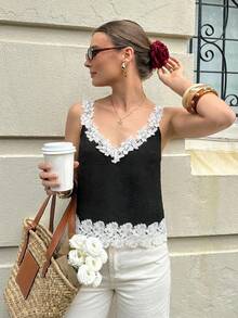SHEIN Frenchy Women's Elegant Black And White Summer Contrast Lace Camisole Top, French Loose Top, Lace Trim Casual Top For Brunch, Beach Vacations - Black and White - View 3