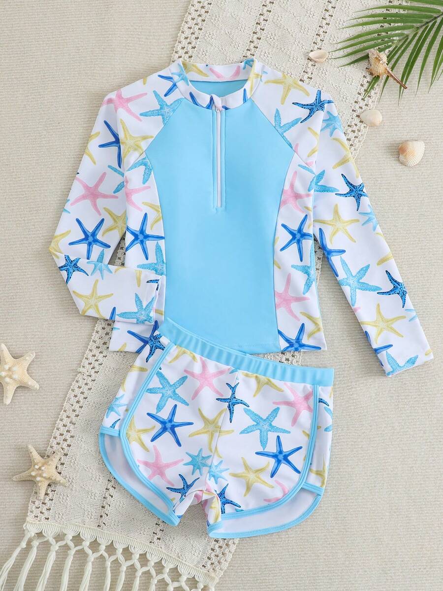 SHEIN 少女比基尼泳衣套装,长袖短裤款,海星印花,拉链设计,针织面料,蓝色,时尚休闲,优雅淑女,运动活泼,可爱亲肤,防水,适合游泳、度假、海滩、泳池、拍照、水上乐园、水疗中心、暑假、海滩派对、圣诞节、新年、感恩节、万圣节、愚人节等场合。 - 彩色 - 查看 1