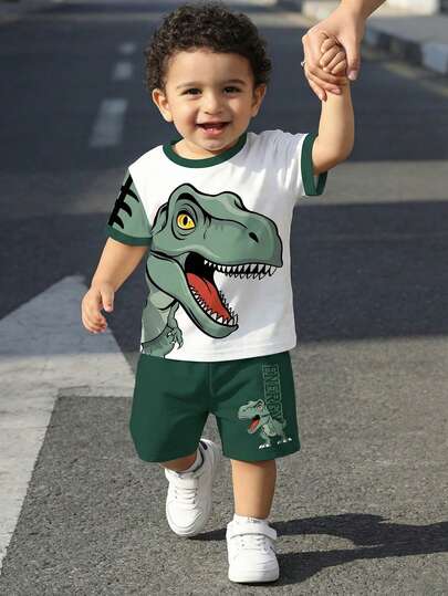 SHEIN Baby Boy Casual Minimalist Fashion Versatile Dinosaur, Camouflage, Graffiti Print, Sporty Loose Comfortable Round Neck Short Sleeve T-Shirt Set, Suitable For Spring/Summer, Streetwear