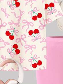 Cream White & Cream Pink, Sweet Girl Bow Print, Tween Girl Casual Minimalist Comfortable Round Neck Loose Short Sleeve T-Shirt And Bike Shorts Set, Suitable For Daily Wear, Street Style, Outings, Home, Vacation, Homecoming, Back To School, Spring & Summer - Multicolor - View 5