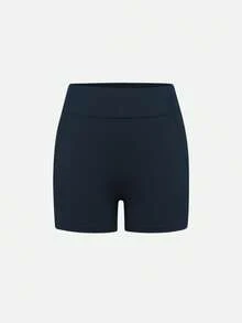 Dark Blue Athletic Shorts For Tween Girls, Featuring A Creative Paneled Construction With Functional Side Pockets, Made From High-Stretch Comfortable Fabric For Unrestricted Movement, Ideal For Cycling, Jogging, Yoga Sessions, And Versatile Training Activities - Navy Blue - View 7
