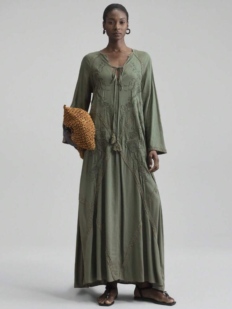2026SS Women's V-Neck Raglan Sleeve Green Dress, Minimalist Casual, Dress, Bohemian Summer Dress, Elegant & Comfortable, Loose