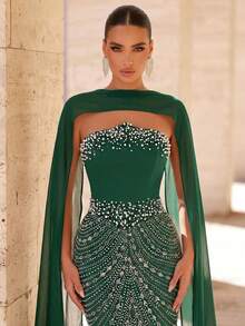 Glamrae 优雅奢华亮片水钻装饰仿珍珠吊带美人鱼连衣裙，配有可拆卸颈带，适合婚礼、派对、度假、晚宴、正式场合（装饰繁复） - 綠色 - 查看 2
