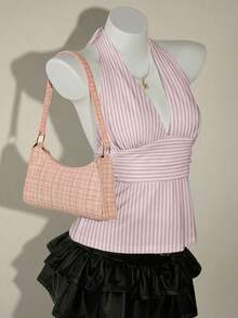 SHEIN ICON 露背吊带深V领收腰A字裙 - 粉色 - 查看 4