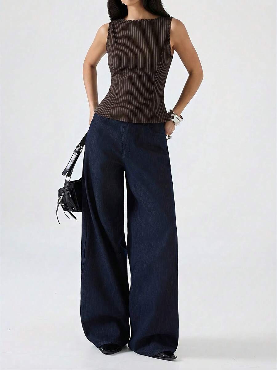 LYSMO 2026新款简约棕色条纹圆领修身休闲背心，适合工作/商务休闲/办公室穿着，时尚女式衬衫/休闲女式衬衫 - 棕色 - 查看 1