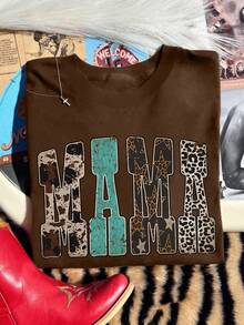 EMERY ROSE Western Wind Leopard Pattern Snake Pattern MAMA Printed Casual Plus Size T-Shirt - Coffee Brown - View 1