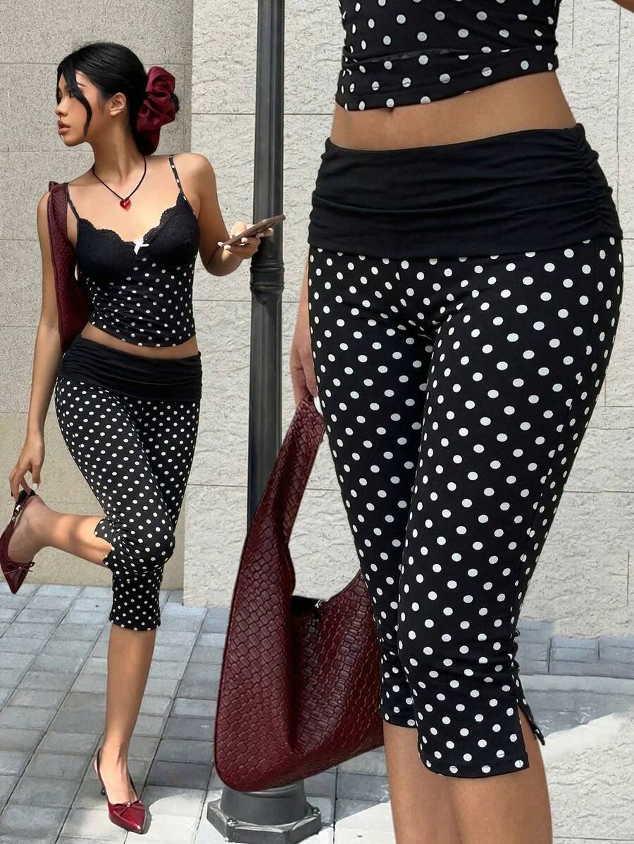 SHEIN 休闲简约复古优雅百搭通勤、派对、海滩、度假装扮，女士夏季黑色波点打底裤 - 彩色 - 查看 1