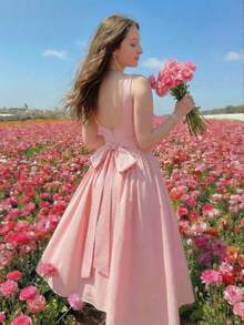 SHEIN MOD 大码粉色吊带连衣裙，后背蝴蝶结装饰，正式场合礼服，女士白色露背蝴蝶结长裙，夏季粉色连衣裙，毕业礼服，女士早午餐飘逸连衣裙，束身连衣裙 - 粉色 - 查看 6