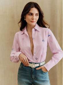 Anewsta Elegant Embroidered Design Pink Striped Casual Blouse For Women, Versatile Floral Work, Suitable For Spring To Summer - Pink - View 4