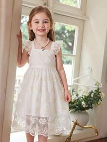 SHEIN Vintaside Kids Girls' Sweet French Style Hollow Back + Cap Sleeve Floral Embroidered Mesh Dress, Summer Cream Girls Dress Little Girl Lace Dress Lace Dress For Kids Girls Ivory Dress Heirloom Dress Girls - White - View 4