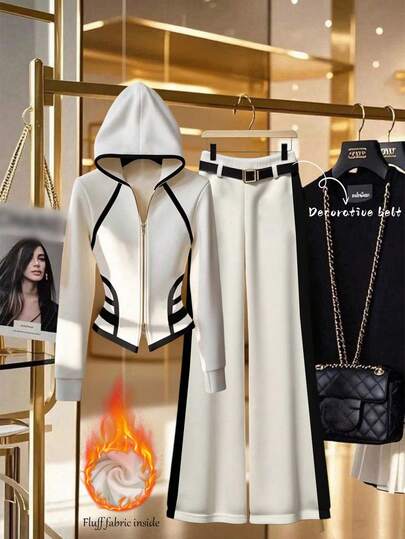 EMERY ROSE 女式秋季撞色拉链连帽夹克和裤子休闲两件套