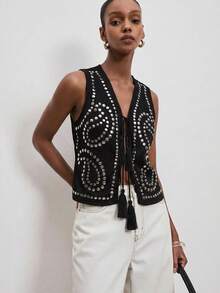 ATUI Studio 女士复古时尚铆钉细节系带衬衫，夏季 - 黑色 - 查看 4