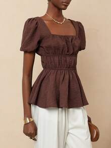 Vesra Square Neck Petal Sleeve Ruched Textured Ruched Hem Women Blouse - Brown - View 5
