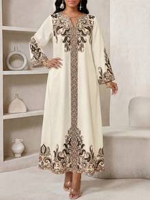 SHEIN Lady 女士优雅佩斯利印花宽松度假连衣裙，翻领设计，适合春秋季穿着 - 彩色 - 查看 1