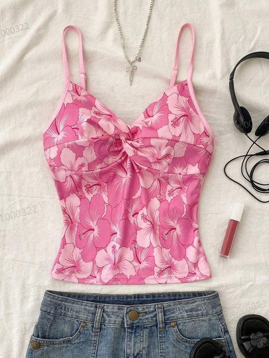 Camiseta sin mangas con estampado floral y nudo retorcido, estilo casual de verano para niñas preadolescentes - Rosa - Ver 1