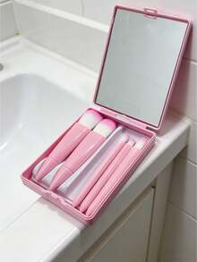 5PCS Portable Makeup Brush Set With Mirror Case Multifunctional Foundation Powder Blush Eye Shadow Blending Brush Kit Professional Cosmetic Tools For Travel Home Use Beauty Gift Set - Pink - View 5