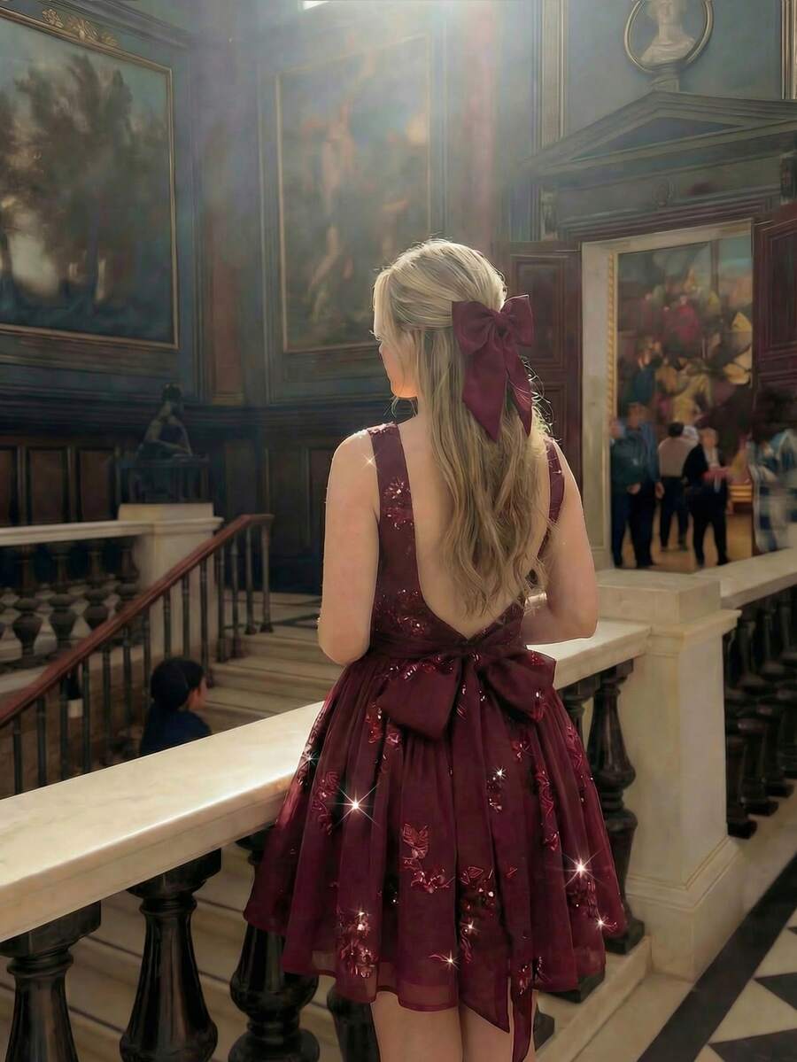 SHEIN MOD 大码复古酒红色亮片刺绣迷你连衣裙，适合春夏度假、假日约会，露背蝴蝶结装饰A字裙