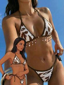 Aloruh 女士新款棕色比基尼，随机混色串珠泳衣，撞色滚边设计，波西米亚风格图案沙滩度假装 - 彩色 - 查看 10