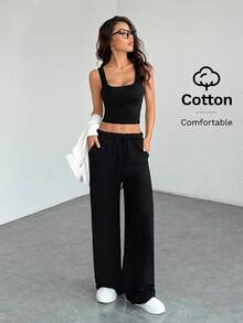 SHEIN PETITE Quần nỉ nữ ống rộng, màu trơn, thoải mái và giản dị. - màu đen - Xem 7