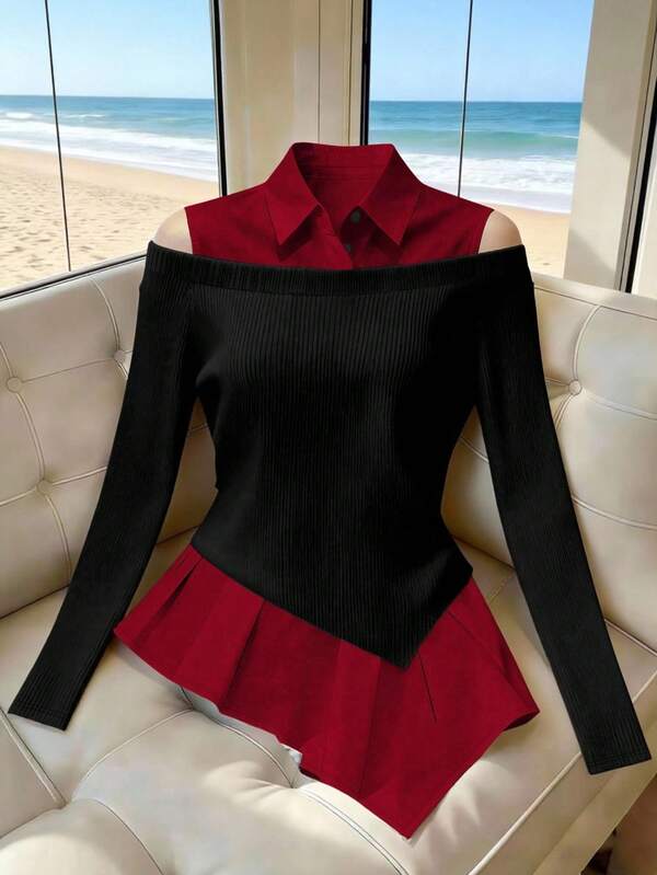 Franclia Top à manches longues avec épaules dénudées, contraste noir et blanc, style minimaliste