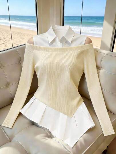 Franclia Top classique noir et blanc contrasté 2 en 1 avec épaules dénudées et manches bouffantes, style mode minimaliste français pour femmes