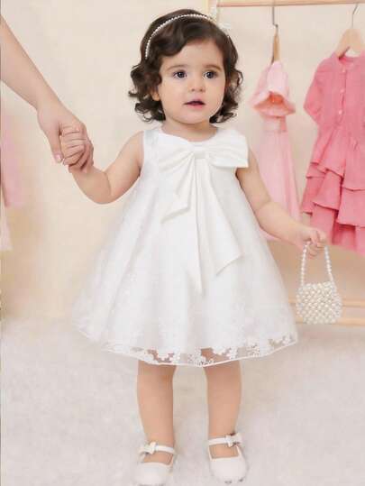 Glamorique Kids Đầm bé gái bằng satin ren trắng, chân váy xòe bồng bềnh bằng vải voan, thiết kế nơ, thích hợp cho các dịp trang trọng, đám cưới, sinh nhật, biểu diễn, tiệc tùng, mùa hè, phong cách Châu Âu và Mỹ.