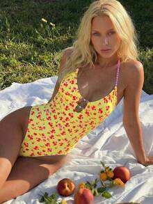Swim Mod Damen Ditsy Blumen Einteiler Neckholder Badeanzug, geeignet für Strandurlaub, Pool-Party, Strandparty - Verschiedenfarbig - Übersicht 2