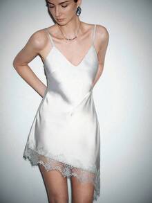 Lumivelle Women's New Arrival Spaghetti Strap Dress, Women's Pique Dress, Lace Patchwork Dress, Women's Spaghetti Strap V-Neck Dress, Asymmetric Hem Dress, Women's Elegant Date Dress, Women's Party Dress, Women's Wedding Guest Dress, Women's Fashion Street Style Dress, Sexy V-Neck Satin Pique Waist A-Line Lace Patchwork Elegant Romantic Dress - Silver - View 1