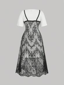 SHEIN MOD 2 合 1 拼色蕾丝吊带背心长裙大码女装 - 黑與白 - 查看 4