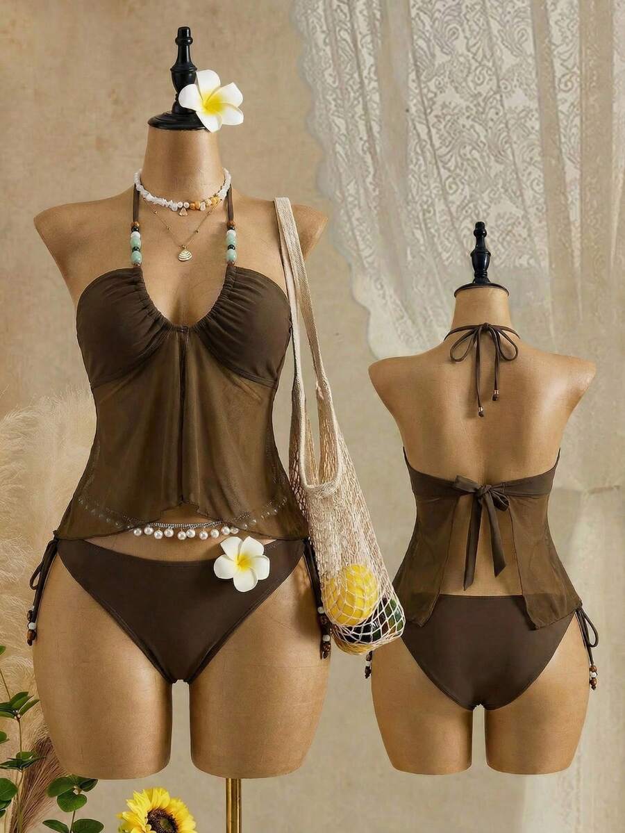 Bellisia 女士纯色褶皱挂脖系带吊带背心式泳衣套装，包含上衣和三角泳裤，适合外出、海滩、下午茶、野餐、派对等场合。 - 棕色 - 查看 1