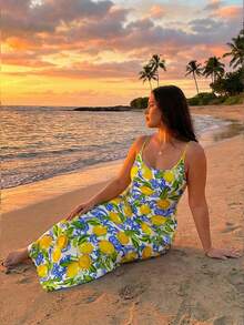 Veykashi Casual Minimalist Full-Print Fresh Lemon Fruit Pattern Bodycon Cami Maxi Dress, Suitable For Summer, Beach Vacation, Graduation Season, Spring Break - Yellow - View 5