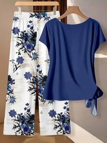 SHEIN LUNE 女士紫色花卉撞色系带蝴蝶结上衣和直筒宽松裤两件套，休闲款 - 彩色 - 查看 2
