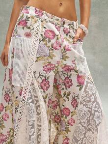 Bohemela BOHO Countryside Vacation Casual Pink Ditsy Floral Contrast Lace Loose Wide Leg Low Waist Women Pants - Khaki - View 6