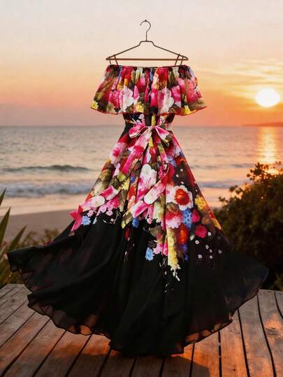 GlowEve CURVE Plus Size Floral Print Belted Off-Shoulder Elegant Dress