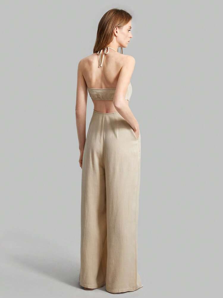 2026 Spring/Summer Women's Vintage Khaki Jumpsuit, Backless Tie Strap Jumpsuit With Pockets, Women's Spring/Summer Outfit, Suitable For Vacation, Office, Teacher, Casual, Wedding Guest, Loose Waist Design, Fashion Versatile Women's Jumpsuit