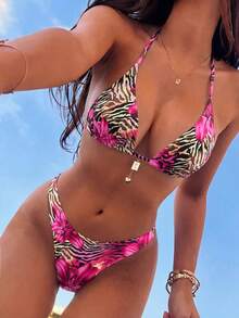 Swim Vcay Nuevo conjunto de bikini de 2 piezas con parte superior halter sin espalda y tanga con corte alto con estampado de leopardo para mujer, ideal para vacaciones en la playa - Multicolor - Ver 1